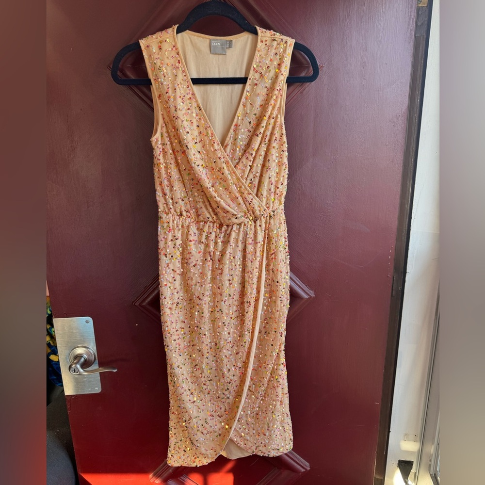 ASOS Gold Sequin Ruched Midi Dress